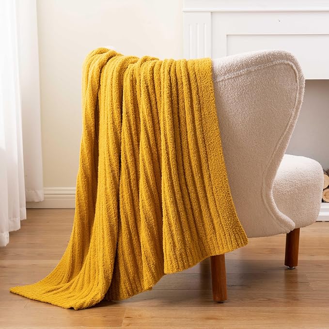 BATTILO Fluffy Soft Yellow Throw Blanket, Fuzzy Plush Mustard Knit Throw Blankets, Warm Lightweight Cozy Blanket for Couch, Bed, Sofa, Home Decor, 50"x60"