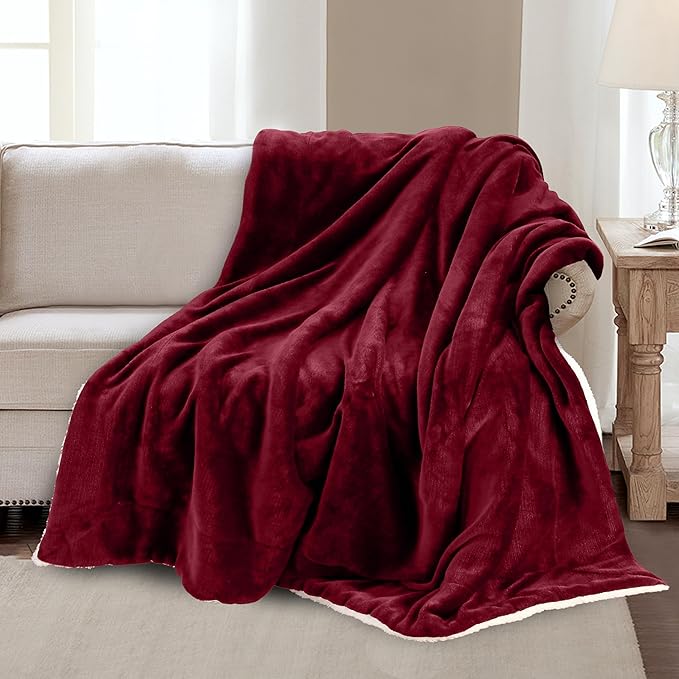 Mocassi Premium Ultra-Soft Velvet Touch Flannel Fleece Sherpa Throw - Warm Cozy Reversible Plush Micromink Throw Blanket for Couch, Bed and Sofa - Fluffy, Christmas Winter Bedding Gift, Burgundy