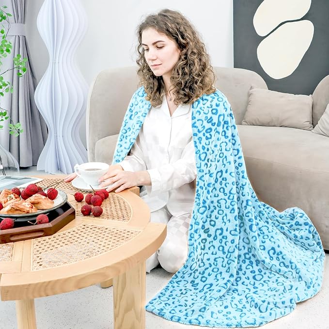 Blue Throw Blankets for Couch, Soft Cozy Fleece Leopard Print Blankets for Women & Girls, Cheetah Throw Blanket for Bed Sofa Couch, Room Home Decor, Easter Mothers Day Birthday Gifts for Women