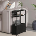 Black Side Table with Charging Station, Slim End Tables with Fabric Basket, Skinny Table for Small Spaces, Thin Bedside Table for Living Room, Bedroom