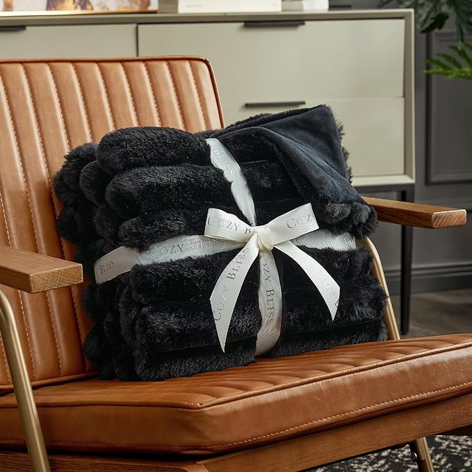 Cozy Bliss Faux Fur Throw Blanket for Couch, Cozy Warm Plush Striped Blanket for Sofa Bedroom Living Room, 90 * 90 Inches Black