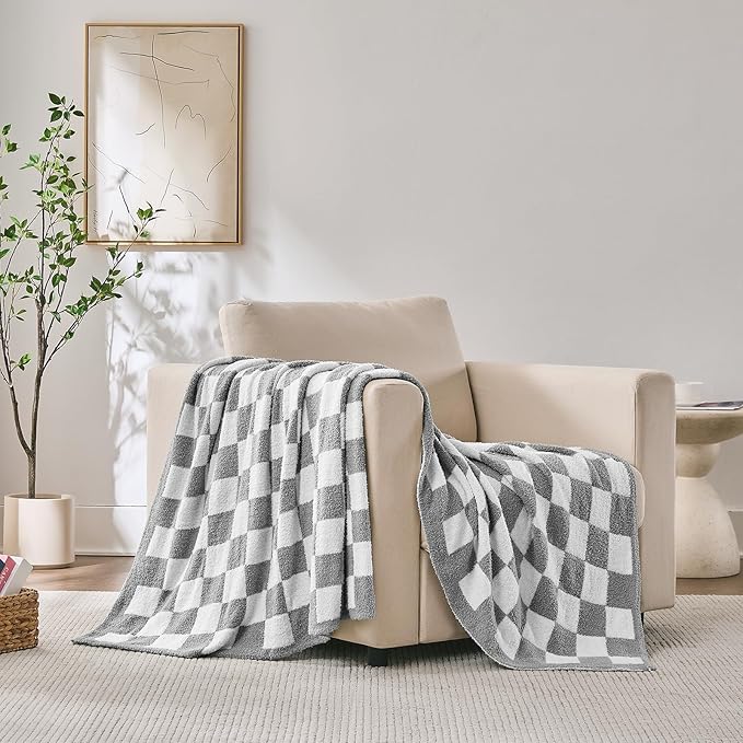Checkered Throw Blanket, Light Grey Soft Cozy Fluffy Knitted Throw Blankets for Couch, Sofa, Bed, Chair, Warm Fuzzy Travel Picnic Lightweight Plaid Blanket, 50x70 inches