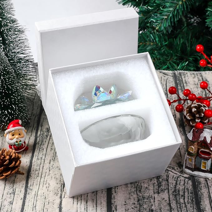 Crystal Jewelry Box for Women, Small Glass Trinket Jar with Lid, Clear Lotus Flower Storage Holder Elegant Organizer Dish for Ring, Earrings, Necklace, Gift (Pink Flower)
