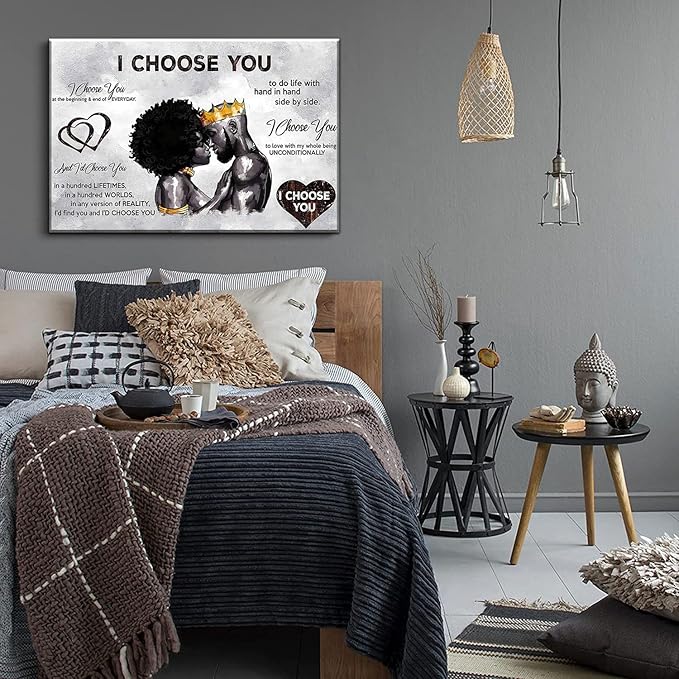 Framed African American Canvas Prints Black Couple I Choose You Poster Black King and Queen Wall Art Afro Black Romantic Couple Wall Art for Bedroom Living Room Decor(Black couple, 16in×12in)