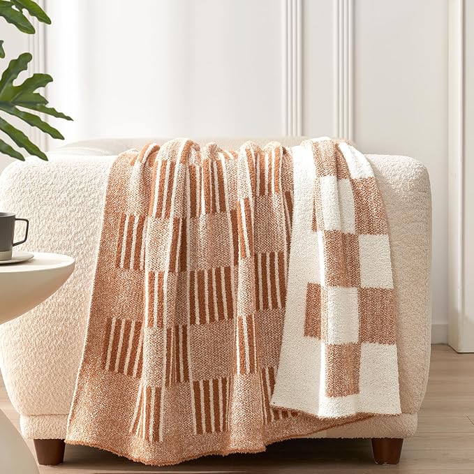 Snuggle Sac Checkered Orange Throw Blanket for Fall,Super Soft Reversible Cozy Warm Blanket for Couch Sofa Bedroom,Cute Lightweight Striped Throws for Women,Heather Orange,50x60 inches