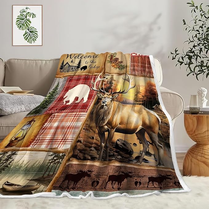 JAWO Rustic Cabin Throw Blankets, Farmhouse Country Antique Deer Moose Forest Vintage Cozy Warm Bed Couch Blanket，Hunting Camping Theme Fleece Flannel Throws to Decorate The Room and Bedroom 60X90IN