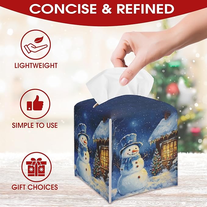 Blue Christmas Snowman Tissue Box Cover Holder, Snow Night Leather Tissue Box Cover Square, Xmas Gift Ideas for Family Friends, Bathroom Kitchen Car Office Home Table Decor(5.2 Inches)-B06