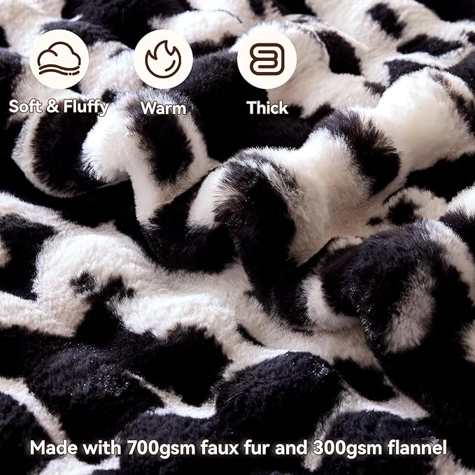 Faux Fur Throw Blanket, 1000GSM Fluffy Soft Bubble Blanket for Couch Bed, Cozy Plush Warm and Thick Blanket, Fuzzy Rabbit Throw for Living Room Bedroom 90''*104'' Cow Black