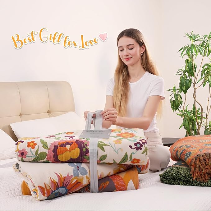 Boho Throw Blanket, 100% Organic Muslin Cotton Skin-friendly Breathable Ultra Soft Bed Quilt Throw - All Season Bohemian Decor Luxury Colorful Blanket for Sofa Couch Chair and Gift. 50" x 60"