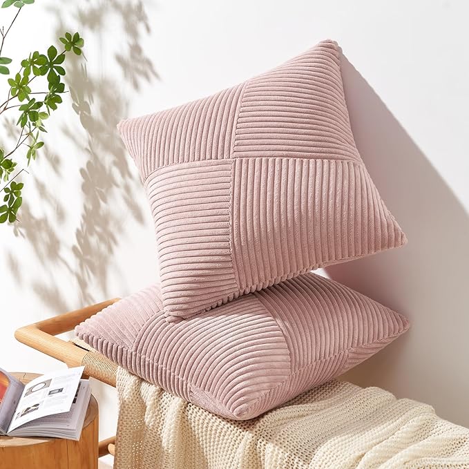 Topfinel Set of 2 Pink Decorative Yellow Throw Pillow Covers 20x20 Inch for Couch Sofa Bed, Rustic Farmhouse Boho Home Decor, Soft Corduroy Windmill Textured Striped Patchwork Cushion Cases
