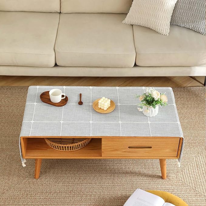 SIELUNO Coffee Table Cover, Rustic Farmhouse Rectangle Table Cloth Cotton Linen Waterproof with Pockets and Tassel for Living Room Decoration - Grey Large Plaids - 24x64 Inch