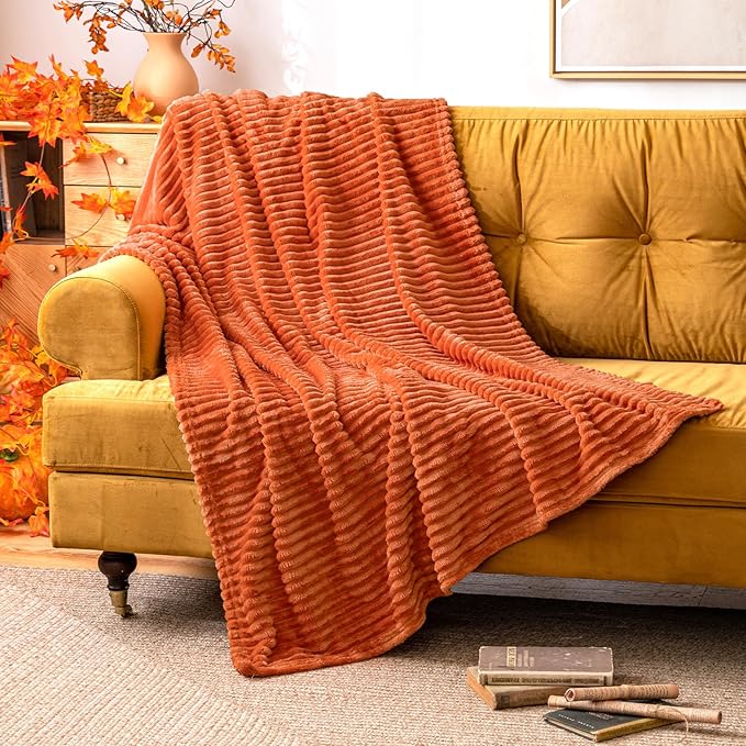 MIULEE Burnt Orange Throw Blanket 3D Ribbed Jacquard Fleece Flannel Velvet Plush Decorative Bed Blanket (Throw, 50" x 70") - Super Soft, Lightweight, Warm and Cozy for Couch Sofa