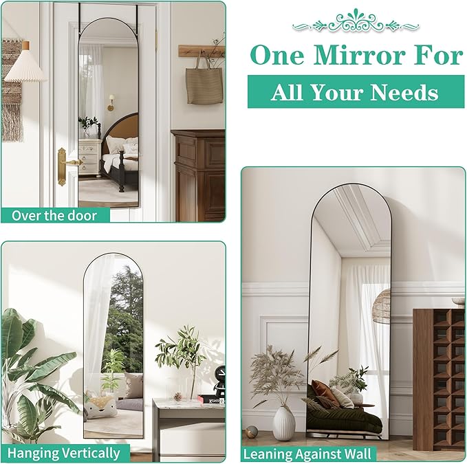 TinyTimes Over The Door Mirror Full Length, 48"x14"Door Hanging Mirror Full Length Arch Mirror, Behind The Door Wall Mirror, Back of Door for Closet Bedroom Living Room, Black