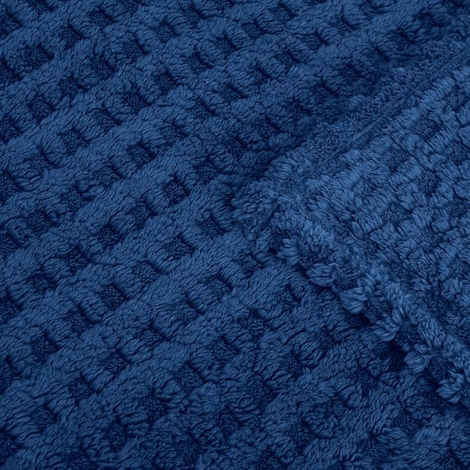 Soft Cozy Fuzzy Fleece Queen Size Blanket, Waffle Navy Blue, 90x90 Inches – Lightweight, Fluffy, and Warm 3D Jacquard All-Season Blanket for Bed, Couch, Sofa, Camping, and Travel