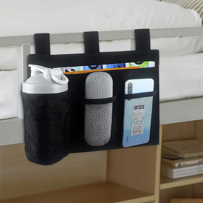 LUWOO Bedside Storage Caddy, 4 Pocket Hanging Organizer for Bunk, Hospital Beds, College Dorm, Bed Rails with Cup Holder, Bedside Caddy for Magazine, Phone, Remote Control (Black)