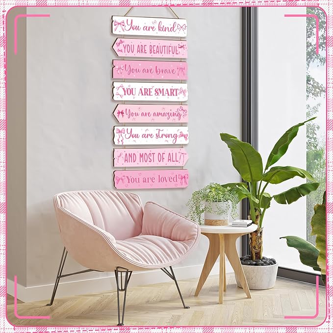 Qunclay Inspirational Girl Room Decor Aesthetic Art Wall Hanging Sign Inspiring Colorful Rainbow Wooden Decoration for Kids Toddler Boy Baby Bedroom Nursery Dorm Decor, 6-12 Years (Pink Bow)