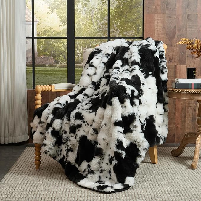 Lotus Karen Faux Fur Throw Blanket Cow Print-Black, Fluffy Fuzzy Plush Bubble Blanket for Couch, 80x60 Inches Cozy Shaggy Rabbit Blanket, Luxury Decorative Gifts for Sofa Bedroom Living Room.