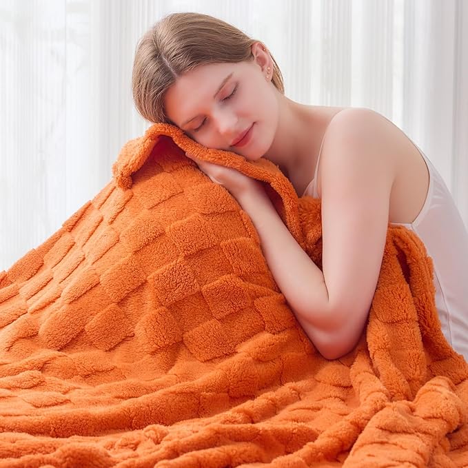 NEWCOSPLAY Super Soft Throw Blanket Orange Premium Silky Flannel Fleece 3D Checkered Lightweight Bed Blanket All Season Use (Orange Checkered, Throw(50"x70"))