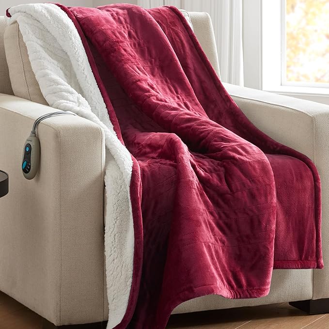 Beautyrest Heated Blanket, Eletric Throw Blanket, Soft, Warm, Reversible Plush - Sherpa Heating Blanket Throw for Office, Couch, 3 Heat Settings, 2 hr Auto Shut Off, Machine Washable, 50 x 60 Red