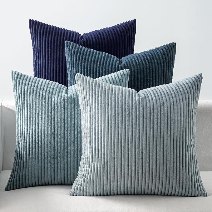 EMEMA Coastal Blue Decorative Throw Pillow Covers 20x20 Inch Set of 4 Boho Farmhouse Corduroy Striped Square Pillow Case,Western Modern Cushion Covers for Couch Bed Livingroom Home Decor
