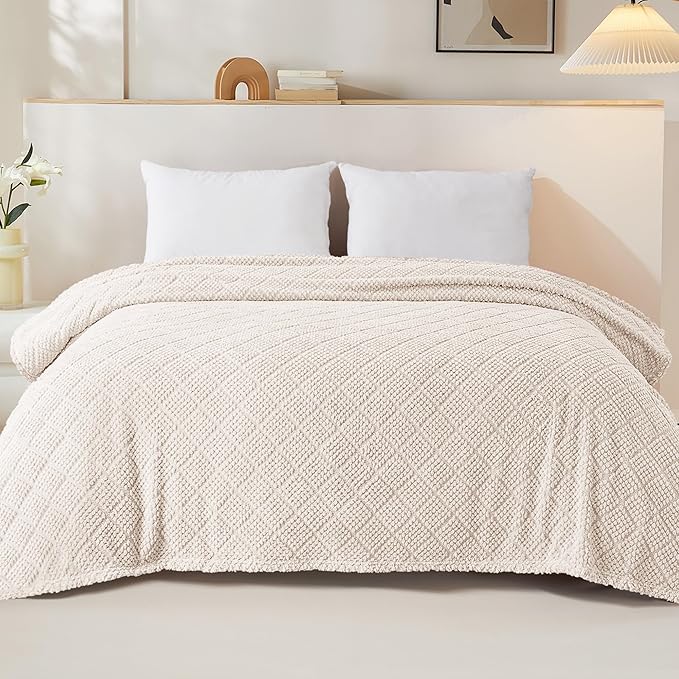 Whale Flotilla Fuzzy Fleece King Size Blanket for Bed, Soft Fluffy Jacquard Waffle Blankets for All Season, Lightweight and Warm, 90x104 Inch, Ivory