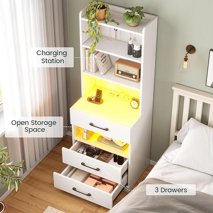 AOGLLATI Tall Nightstand with Charging Station and LED Lights, Night Stand with 3 Drawers, Bedside Table with Bookshelf and Storage Shelves, White Modern End Side Table for Bedroom