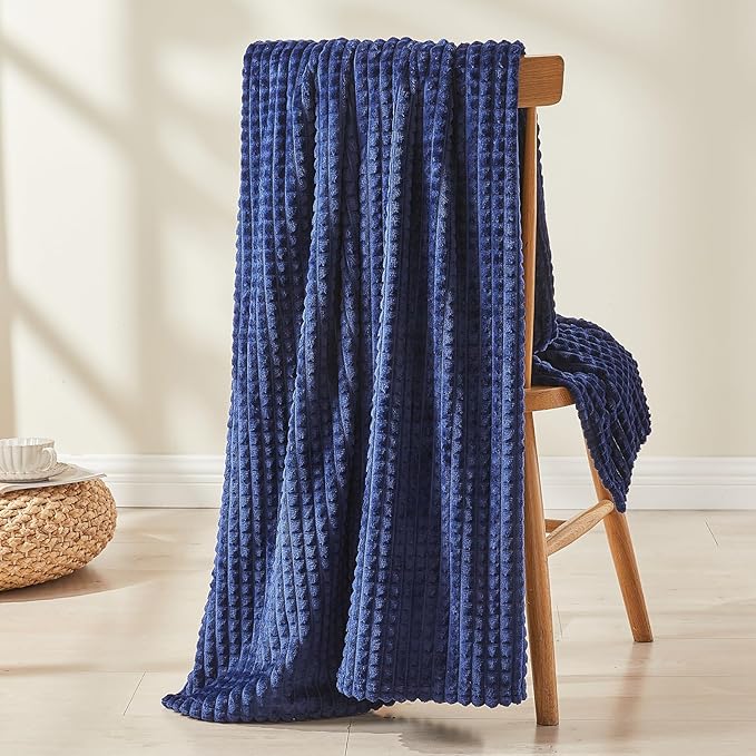 EMME Fleece Blanket, 3D Jacquard Throw Blanket for Couch and Bed, Soft Cozy and Fluffy Blankets Lightweight Luxury Flannel with Geometric Grid Design (Navy Blue, 60" x 80")
