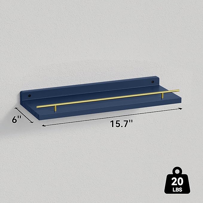 WOPITUES Floating Shelves with Gold Metal Guardrail, Shelves for Wall Decor Set of 3, Wall Shelves for Bedroom, Bathroom, Kitchen, Living Room, Plants, Picture Frames, Art- Gold in Navy Blue