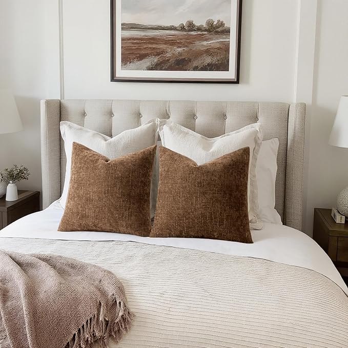 MIULEE Pack of 2 Decorative Throw Pillow Covers Soft Chenille Throw Pillows Solid Neutral Farmhouse Textured Cushion Covers for Couch Sofa Bedroom Living Room 18x18 Inch,Honey Brown