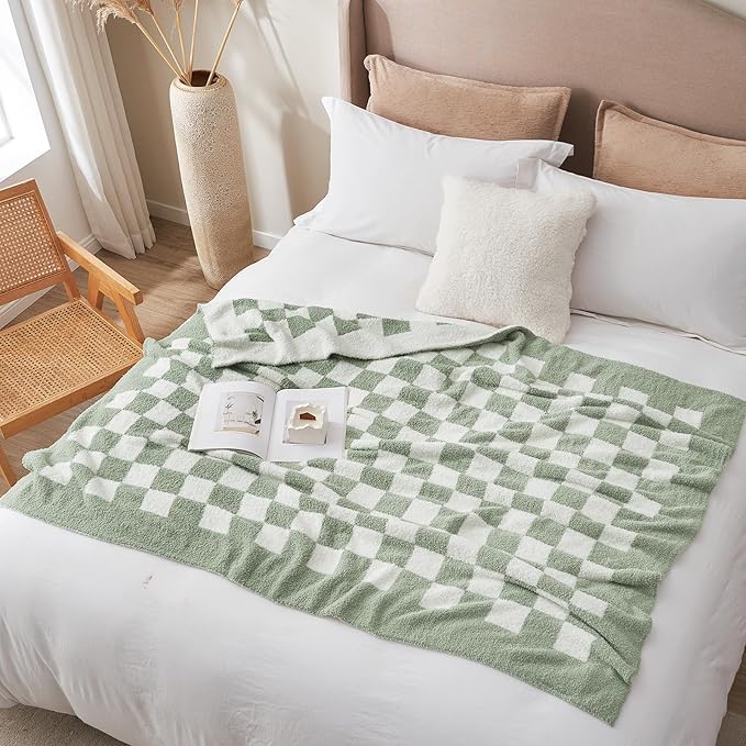 Snuggle Sac Checkered Bedding Blanket Twin Size 60x80, Super Soft Cozy Warm Knit Blankets, Reversible Breathable Lightweight Fluffy Throws for Sofa, Bed, Checkered Sage Green, 60x80 Inches