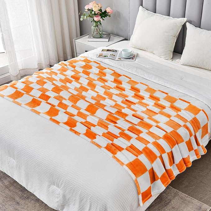Orange Checkered Blanket, Soft Cozy Fleece Checkered Throw Blankets for Bed Sofa Couch Camping, Ultra Fluffy Throws for All Seasons, 50x60 Inch, Orange