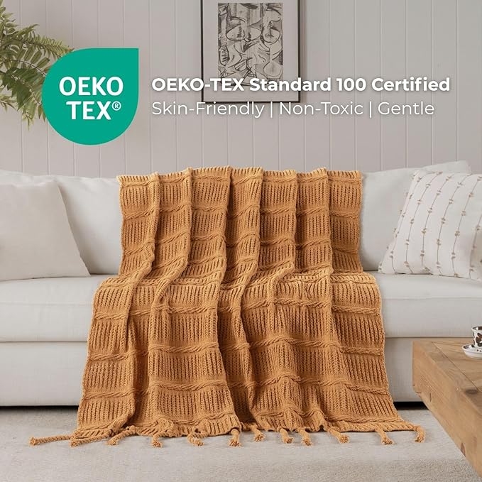 Boho Knitted Chenille Blanket with Tassels - Lightweight & Soft All-Season Throw - 3D Classic Pattern for Living Room Bedroom Couch, Amber Brown, King 90"x108"