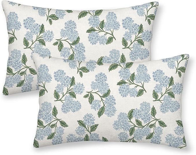 AEIOAE Spring Pillow Covers 12x20 Inch Set of 2, Green Blue Hydrangea Flower Throw Pillows Case,Floral Summer Outdoor Seasonal Decorative Farmhouse Decor Cushion Covers for Home Sofa Bed Couch