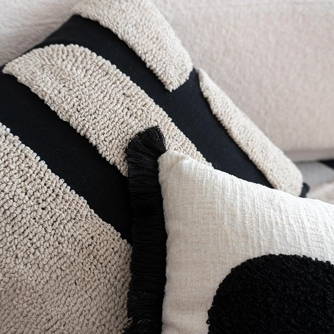 Black Cream Boho Chunky Tufted Pillow Cover, Neutral Decorative Square Throw Pillow Case, Geometric Woven Modern Sham for Bed Couch Living Room, 18x18 inches, 1PCS