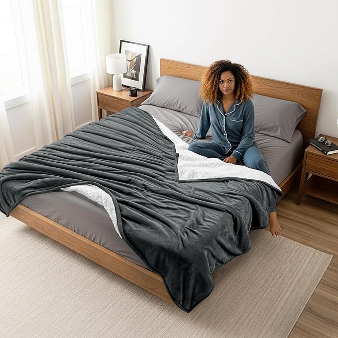 Utopia Bedding Sherpa Blanket King Size (Grey, 90x102 Inches) - Soft Warm Plush Fleece Reversible Blanket for Bed, Sofa, Couch, Camping and Travel