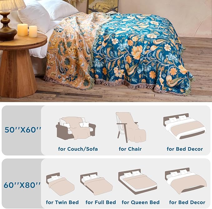 Boho Throw Blanket 60"x80" 100% Cotton Floral Twin Size Bed Blanket with Flower Bird,Reversible Soft Breathable Lightweight Spring Decorative Blankets with Fringe for Couch Sofa Decor All Season