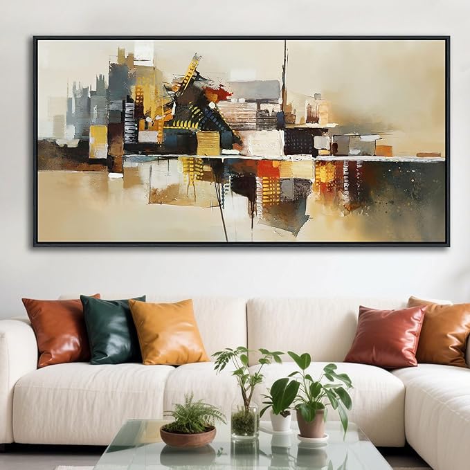 Yellow Abstract Wall Art for Living Room - Modern Wall Art - Framed Large Wall Decor - Canvas Pictures for Bedroom, Office, Above Bed - Contemporary Artwork for Home Decor 24×48IN