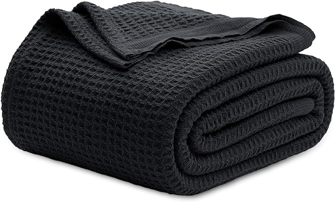 Bedsure Gentlesoft 100% Cotton Blanket Queen Size for Bed - Cooling Breathable and Soft for Spring Summer, Thick Cozy Waffle Weave Blanket Gifts for Women, Black, 90x90 Inches