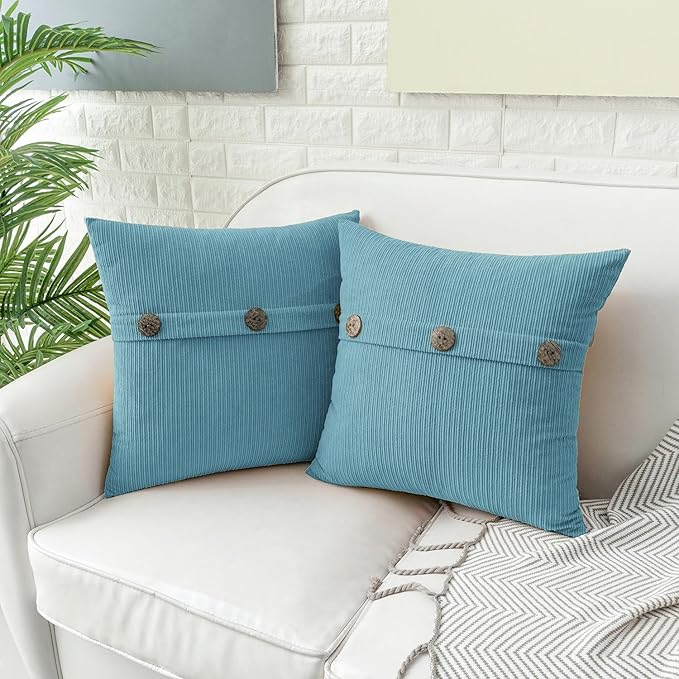 HWY 50 Smoke Blue Chenille Throw Pillow Covers 20x20 Inch with Triple Buttons, Soft Farmhouse Accent Decorative Cushion Cases for Couch Sofa Bed Living Room Pack of 2