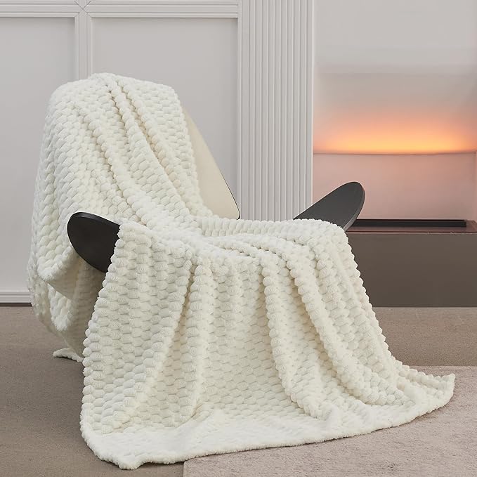 Super Soft Fleece King Size Blanket 90x102 Inches for Bed, Premium Silky with 3D Imitation Turtle Shell Jacquard Decorative Blankets, Lightweight and Cozy for Living Room.Ivory