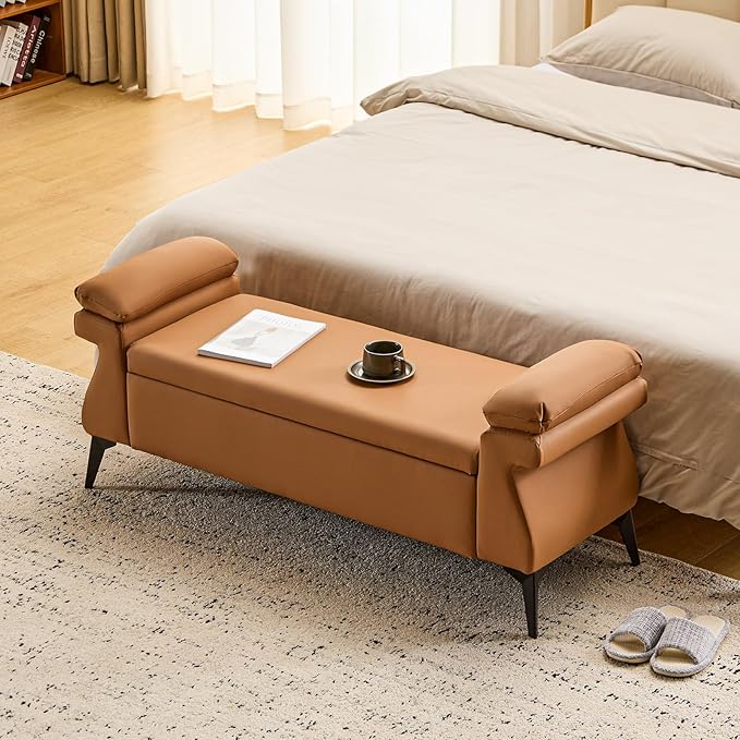 Furniliving 51” Storage Bench, End of Bed Bench with Armrest Cushion Large Upholstered Storage Ottoman Leather Window Bench with Storage Shoe Cabinet Bench, for Bedroom, Entryway, Brown