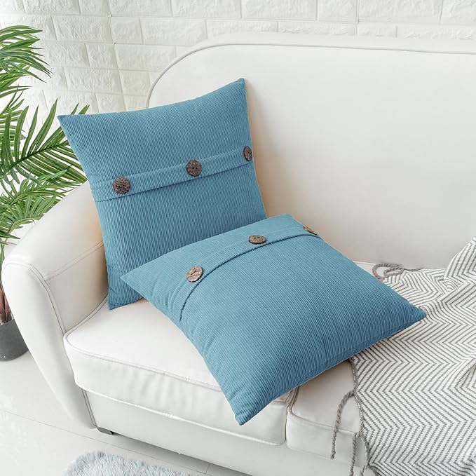 HWY 50 Smoke Blue Chenille Throw Pillow Covers 22x22 Inch with Triple Buttons, Soft Farmhouse Accent Decorative Cushion Cases for Couch Sofa Bed Living Room Pack of 2