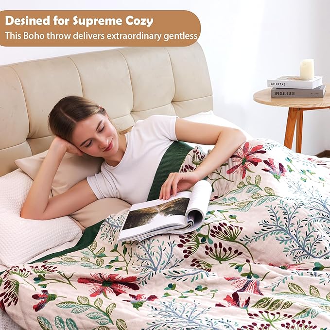 Boho Throw Blanket, 100% Organic Cotton Breathable Ultra Soft 91" x 98" Bed Quilt Throw - All Season Floral Rustic Farmhouse Decor Luxury Reversible Blanket for Sofa Couch Chair and Gift