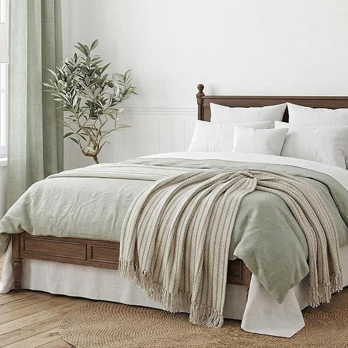 Americanflat 50x60 Throw Blanket - Soft and Breathable Cotton Throw Blanket for Couch, Bed, Chair - Decorative Blankets Perfect for Home, Office, or Outdoor Use - Cream and Beige Pinstripe Design