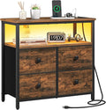 Yoobure Night Stand with Charge Station, Nightstand with 4 Drawers Bedside Table, LED Dresser with Storage Shelf, Night Stands for Bedroom, Side Table 3-Tier Wood End Table for Home Rustic Brown