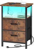 Vagusicc Night Stand Bedside Table Bedroom, LED Nightstand with Charging Station, End Table with USB Ports & Outlets, 24.2" Tall Bed Side Table with 2 Fabric Drawers and Storage Shelf, Rustic Brown