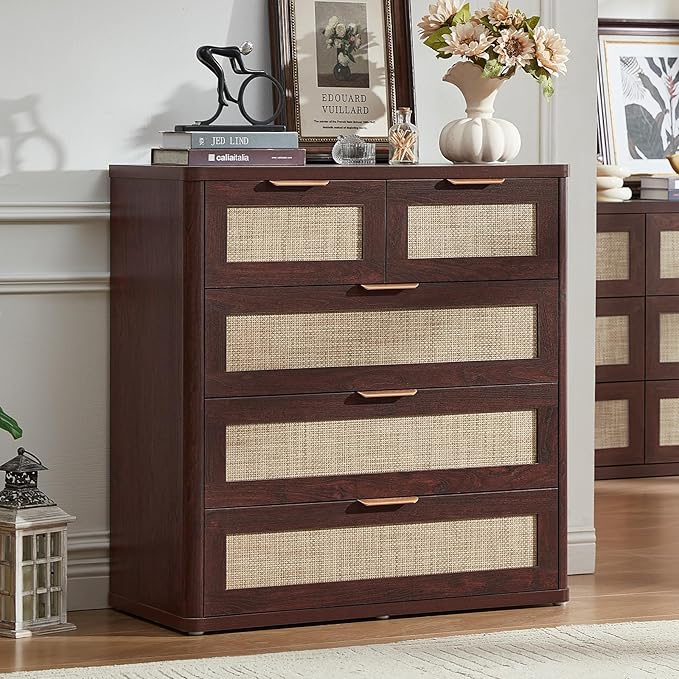 LEYAOYAO Dresser for Bedroom Set of 2, 33.5" Tall Chest of Drawers, Modern 5 Drawers Boho Rattan Dressers with Storage, Dresser Wooden Closet Organizer for Living Room, Hallway