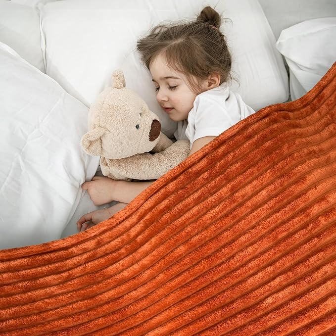 Vessia Flannel Fleece Throw Blanket for Couch, Sofa, Bed, 300GSM Striped Orange Throw Blanket for Kids, Super Soft Warm Cozy Lightweight Home Decor for All Seasons 50x40 inches