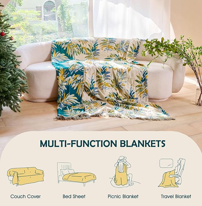 Boho Throw Blanket - 100% Cotton Throw Blankets for Bed Couch, 60"x80" Soft Muslin Lightweight Spring Throw Blanket, Cozy Plant Printed Bohemain Bedding Decor Green Throw Quilt