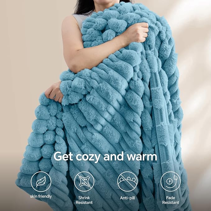 BEDELITE Faux Fur Twin Blanket for Couch - Super Soft & Cozy Plush Striped Blanket for Sofa and Room Decor, Luxury Fluffy All-Season Blankets Gift for Women, Men, Mom, Dad, 60x80 inch, Light Blue